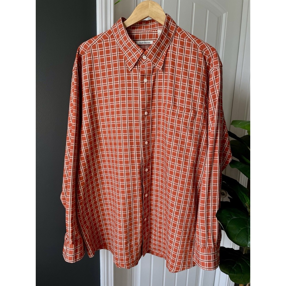 Barry Bricken Button-Down Shirt Orange White Plaid 100% Cotton Long Sleeve XXL